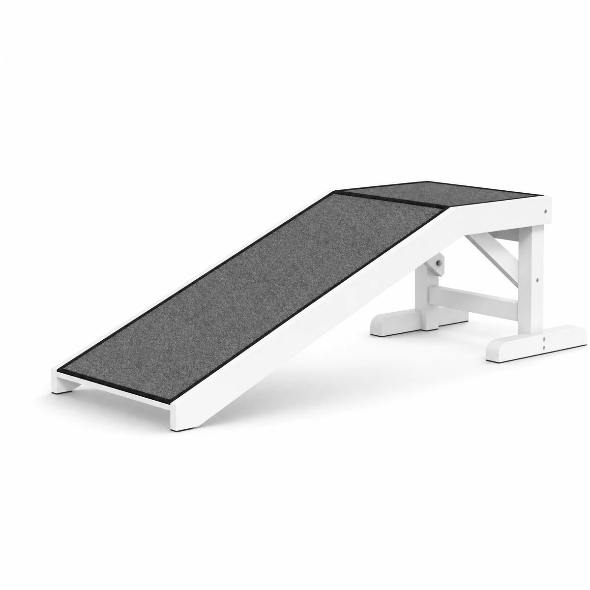 Wooden pet ramp with a dark grey carpeted surface and white frame on a white background