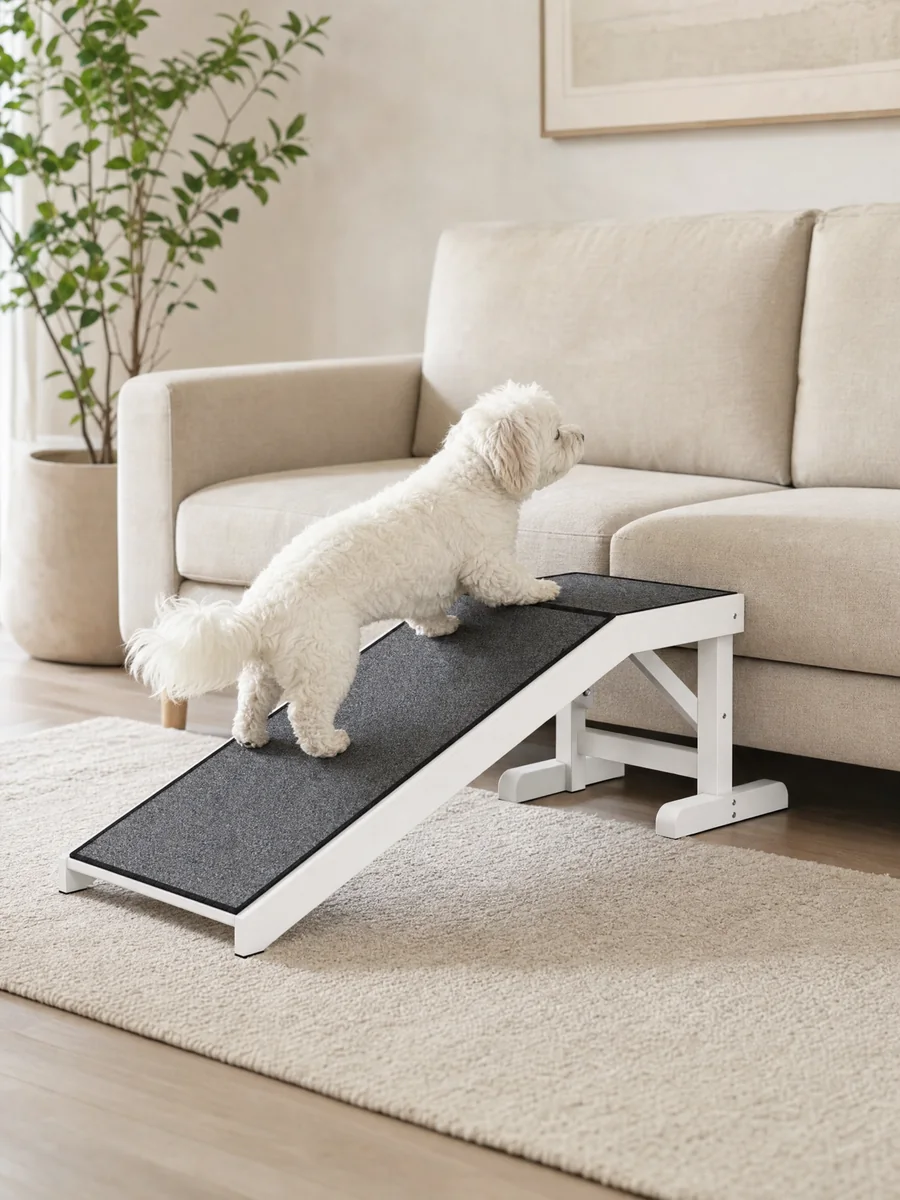 A small white dog on the ramp beside a sofa