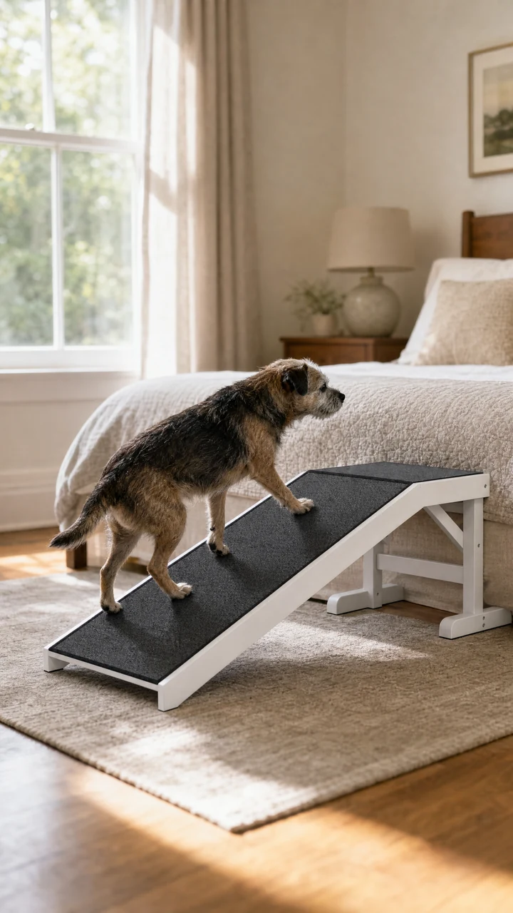 A small terrier walking up the ramp to a bed