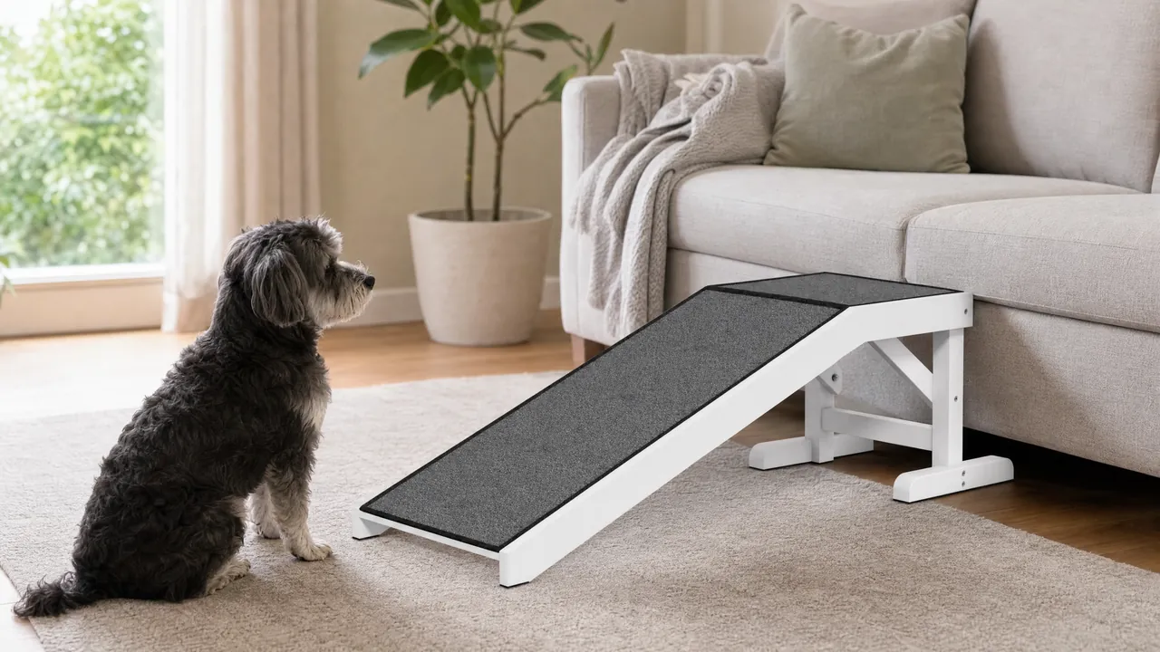 A small dog with a grey muzzle looking up the ramp to a sofa